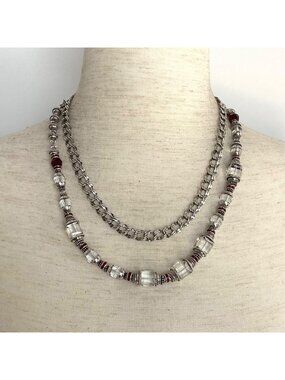 Sterling Silver 925 41" Long Beaded Faceted Glass Curb Chain Adjustable Necklace